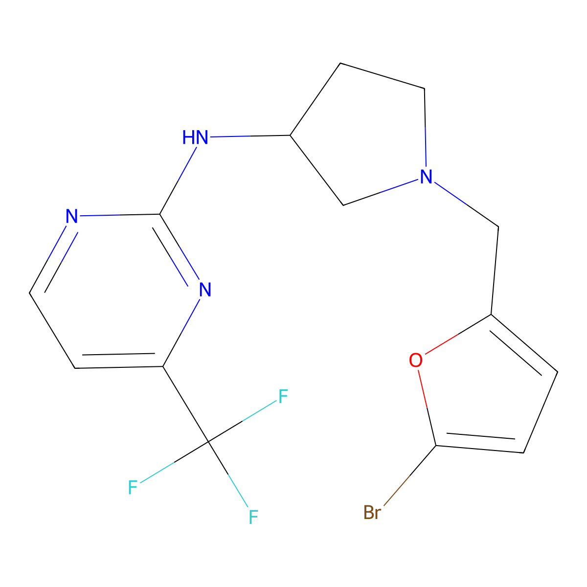 N-{1-[(5-bromofuran-2-yl)methyl]pyrrolidin-3-yl}-4-(trifluoromethyl)pyrimidin-2-amine molecular structure, CAS 3054541-95-3