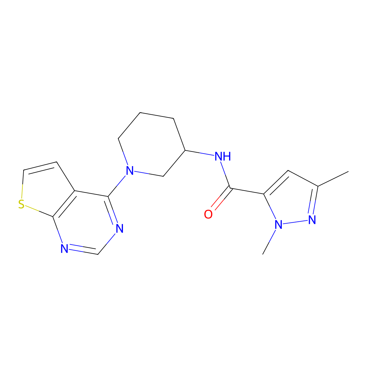 1,3-dimethyl-N-(1-{thieno[2,3-d]pyrimidin-4-yl}piperidin-3-yl)-1H-pyrazole-5-carboxamide molecular structure, CAS 3054541-96-4