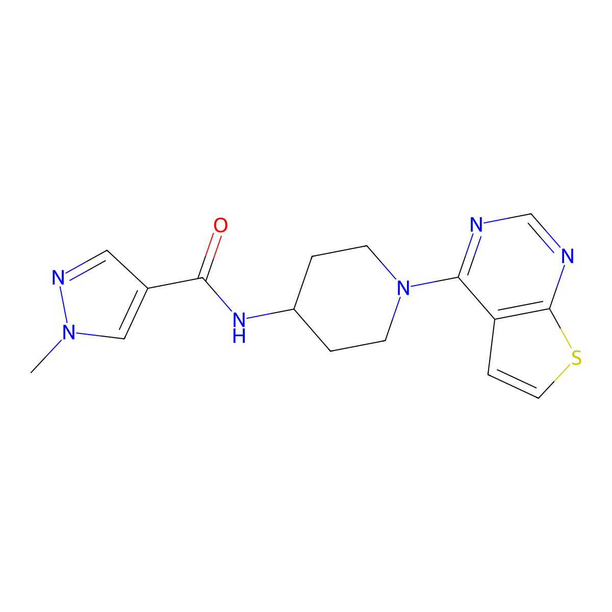 1-methyl-N-(1-{thieno[2,3-d]pyrimidin-4-yl}piperidin-4-yl)-1H-pyrazole-4-carboxamide molecular structure, CAS 3054541-99-7