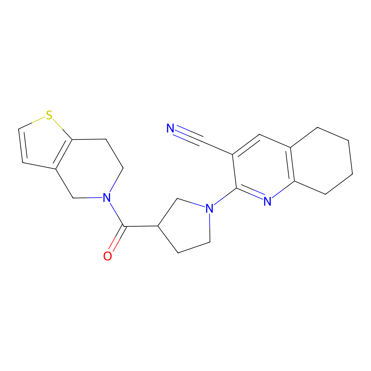 2-(3-{4H,5H,6H,7H-thieno[3,2-c]pyridine-5-carbonyl}pyrrolidin-1-yl)-5,6,7,8-tetrahydroquinoline-3-carbonitrile molecular structure, CAS 3054542-02-5