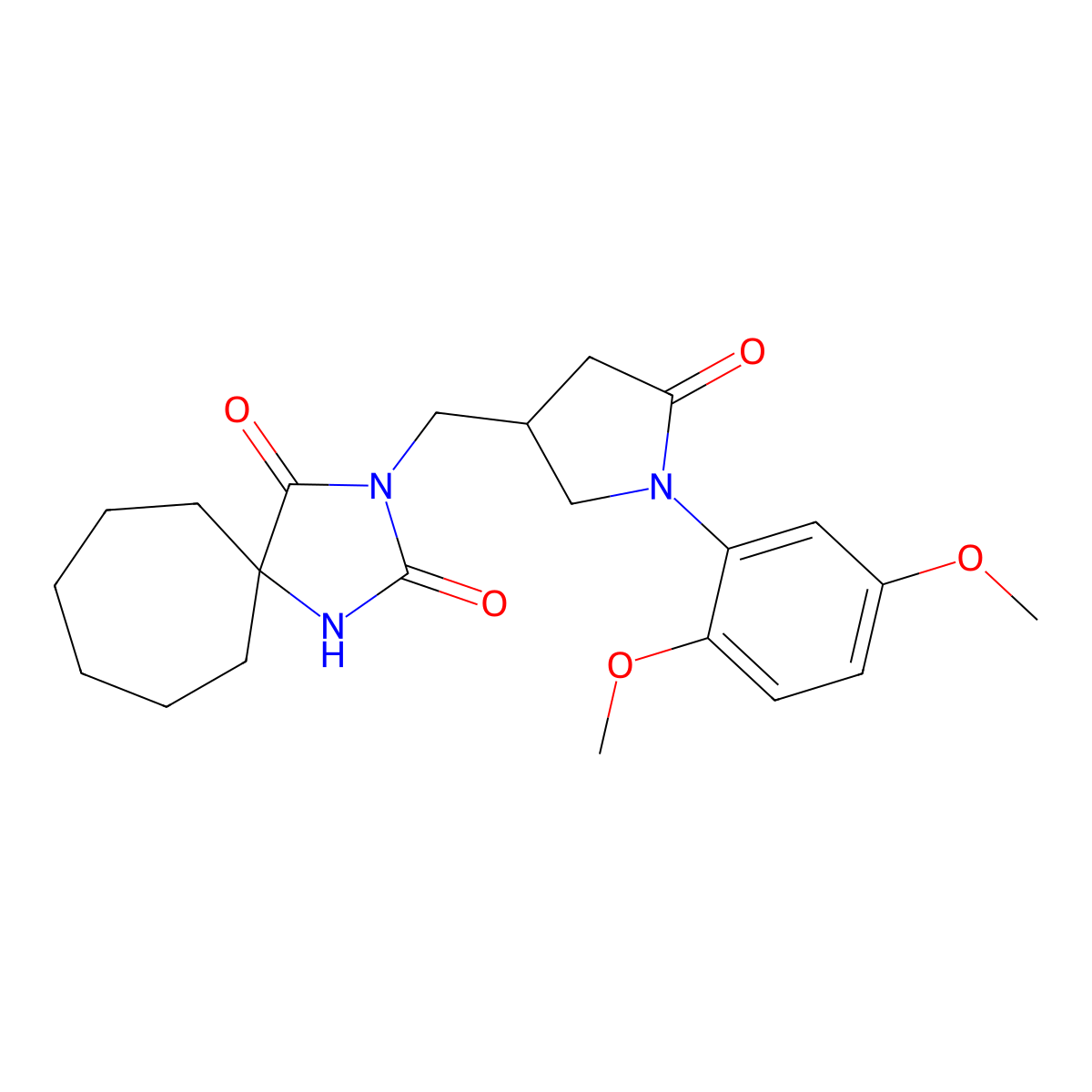 3-{[1-(2,5-Dimethoxyphenyl)-5-oxopyrrolidin-3-yl]methyl}-1,3-diazaspiro[4.6]undecane-2,4-dione molecular structure, CAS 3054542-06-9
