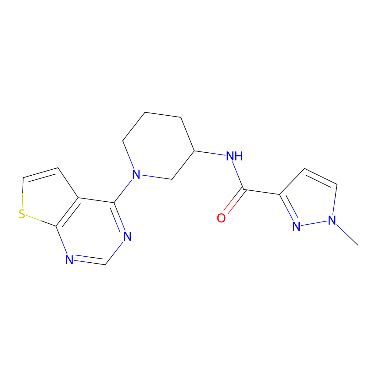 1-methyl-N-(1-{thieno[2,3-d]pyrimidin-4-yl}piperidin-3-yl)-1H-pyrazole-3-carboxamide molecular structure, CAS 3054542-08-1