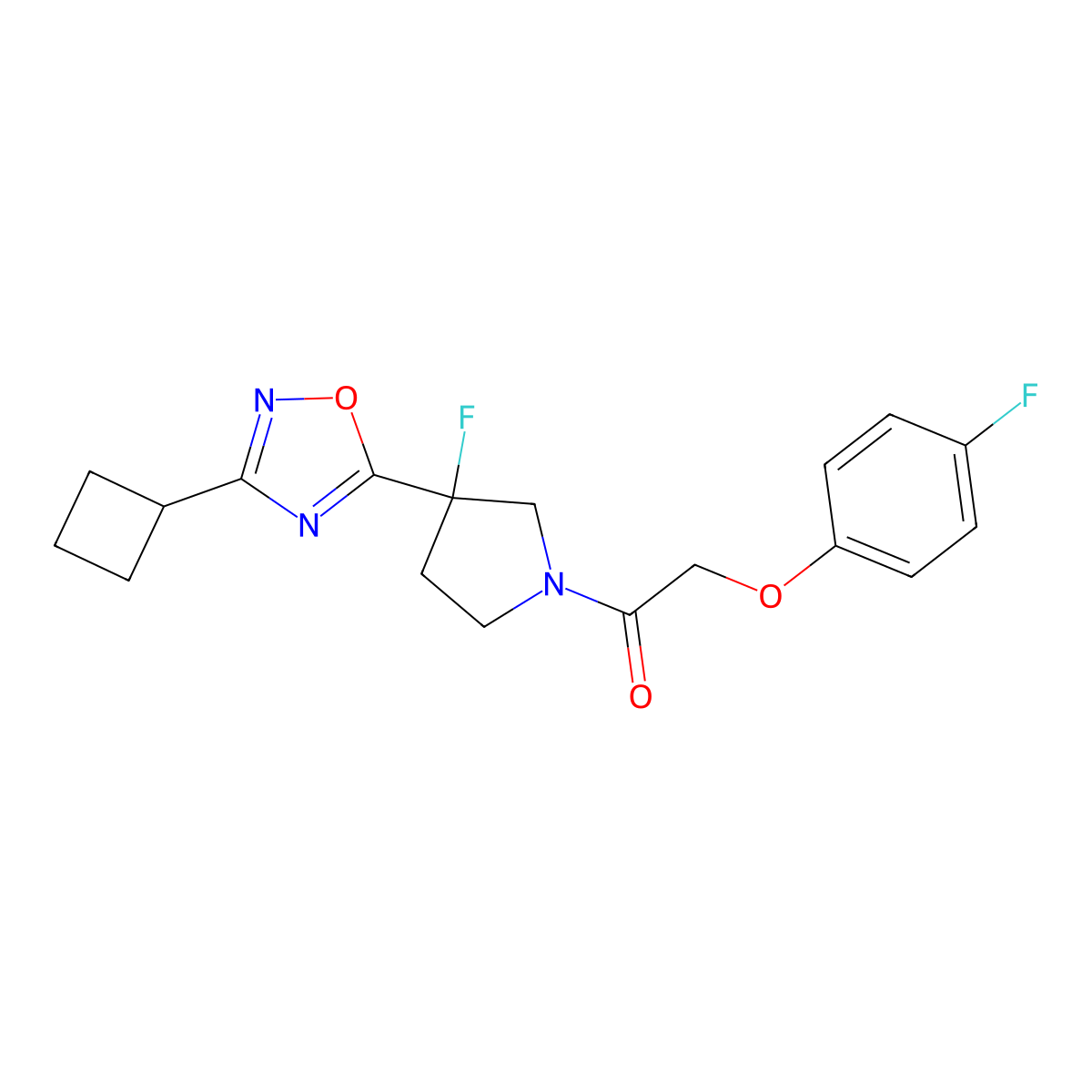 1-[3-(3-Cyclobutyl-1,2,4-oxadiazol-5-yl)-3-fluoropyrrolidin-1-yl]-2-(4-fluorophenoxy)ethan-1-one molecular structure, CAS 3054542-14-9