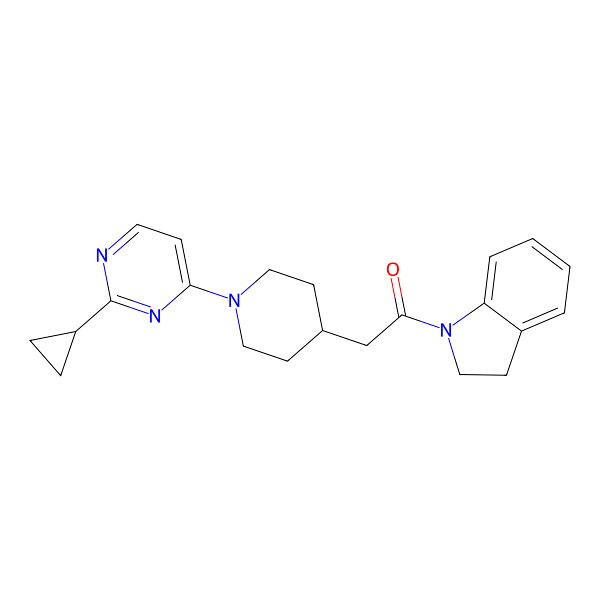 2-[1-(2-cyclopropylpyrimidin-4-yl)piperidin-4-yl]-1-(2,3-dihydro-1H-indol-1-yl)ethan-1-one molecular structure, CAS 3054542-21-8