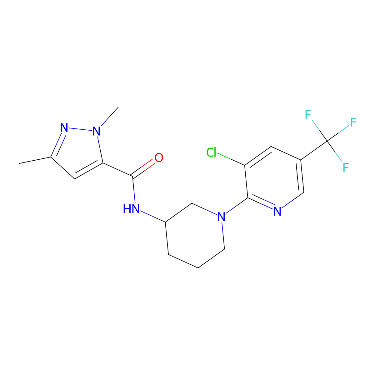 N-{1-[3-chloro-5-(trifluoromethyl)pyridin-2-yl]piperidin-3-yl}-1,3-dimethyl-1H-pyrazole-5-carboxamide molecular structure, CAS 3054542-22-9