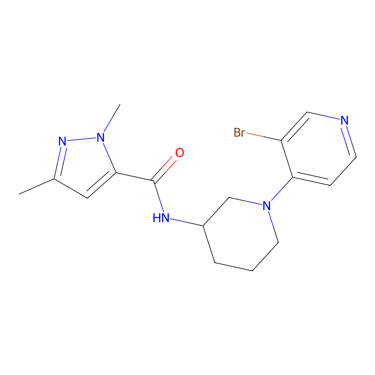 N-[1-(3-bromopyridin-4-yl)piperidin-3-yl]-1,3-dimethyl-1H-pyrazole-5-carboxamide molecular structure, CAS 3054542-27-4