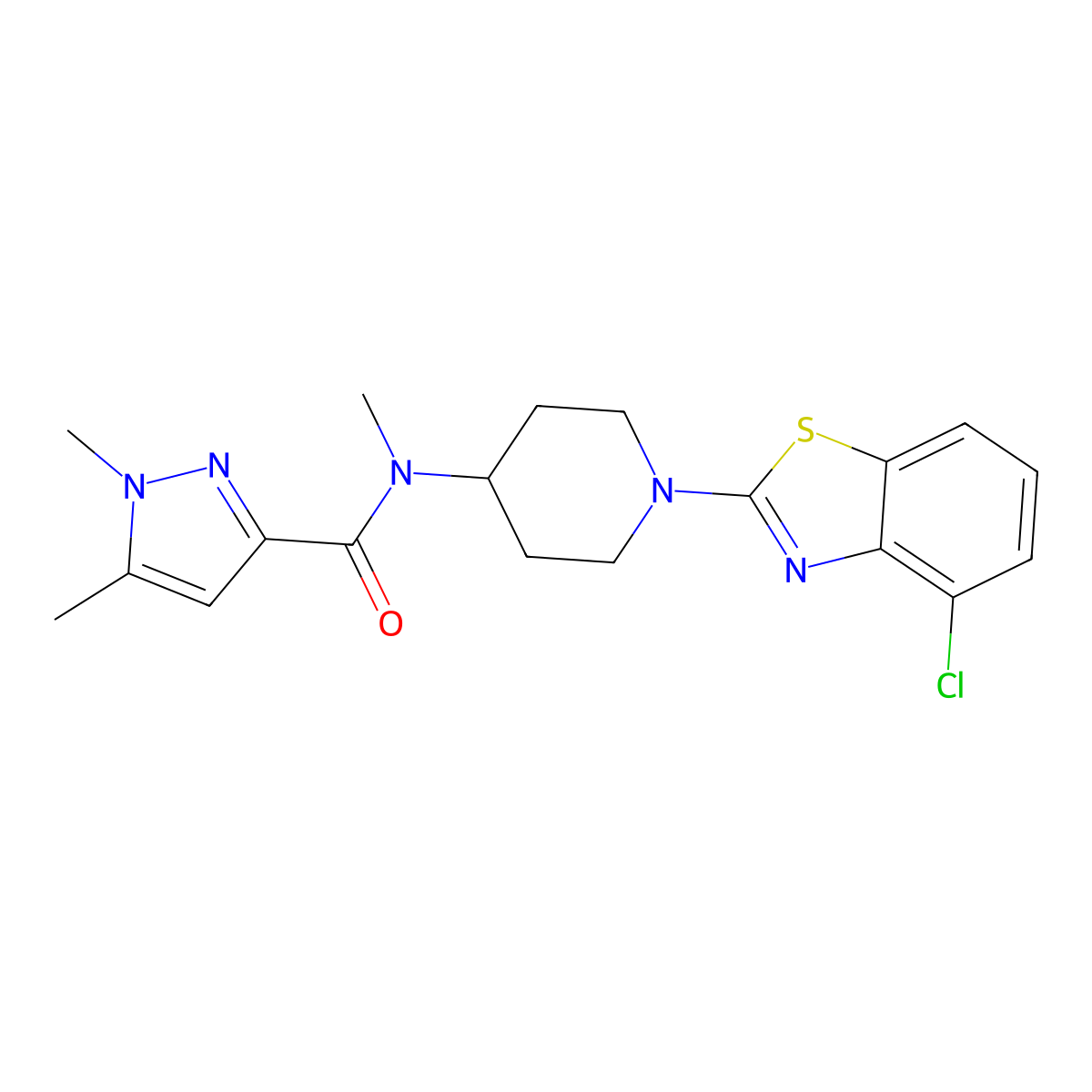 N-[1-(4-chloro-1,3-benzothiazol-2-yl)piperidin-4-yl]-N,1,5-trimethyl-1H-pyrazole-3-carboxamide molecular structure, CAS 3054542-28-5