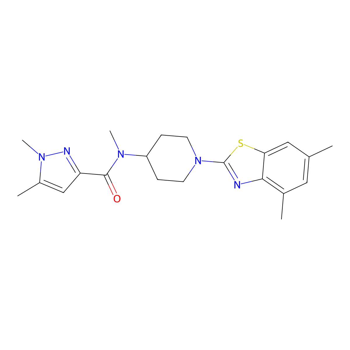 N-[1-(4,6-dimethyl-1,3-benzothiazol-2-yl)piperidin-4-yl]-N,1,5-trimethyl-1H-pyrazole-3-carboxamide molecular structure, CAS 3054542-36-5
