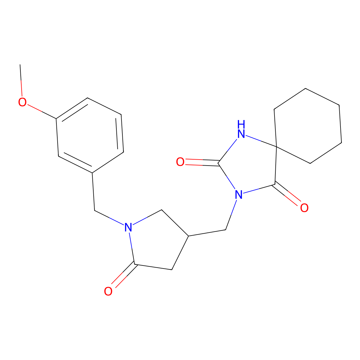 3-({1-[(3-Methoxyphenyl)methyl]-5-oxopyrrolidin-3-yl}methyl)-1,3-diazaspiro[4.5]decane-2,4-dione molecular structure, CAS 3054542-44-5