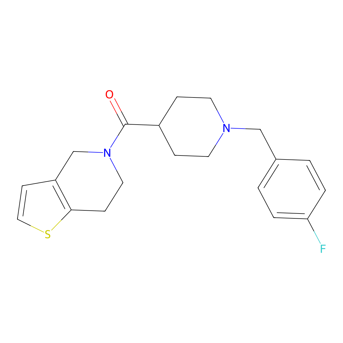 1-[(4-fluorophenyl)methyl]-4-{4H,5H,6H,7H-thieno[3,2-c]pyridine-5-carbonyl}piperidine molecular structure, CAS 3054542-54-7
