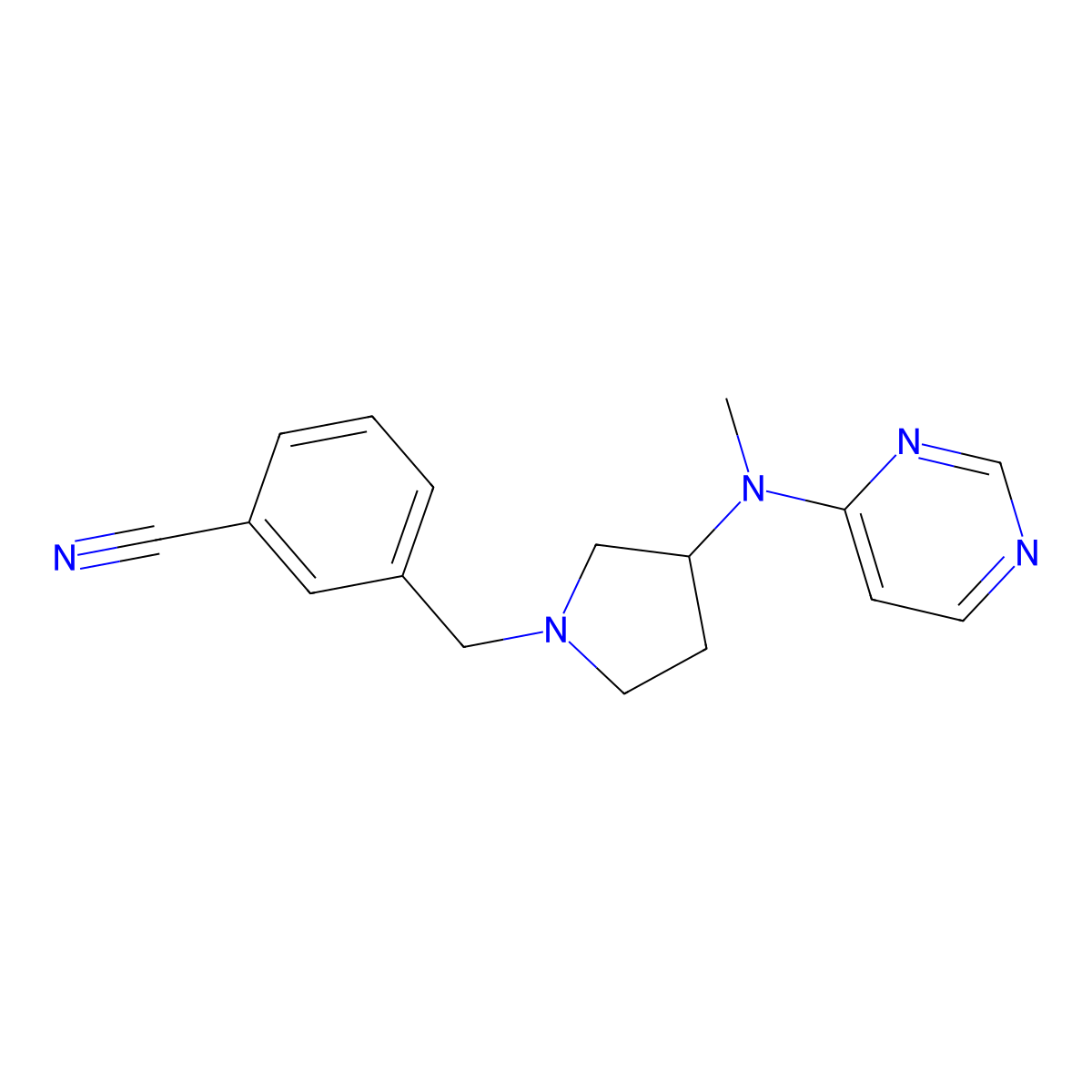 3-({3-[Methyl(pyrimidin-4-yl)amino]pyrrolidin-1-yl}methyl)benzonitrile molecular structure, CAS 3054542-55-8