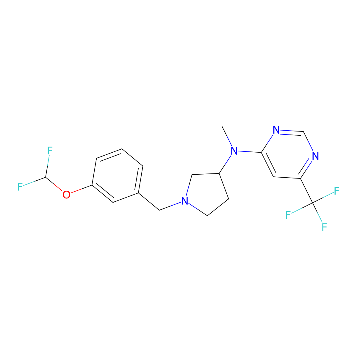 N-[1-[[3-(difluoromethoxy)phenyl]methyl]pyrrolidin-3-yl]-N-methyl-6-(trifluoromethyl)pyrimidin-4-amine molecular structure, CAS 3054542-75-2