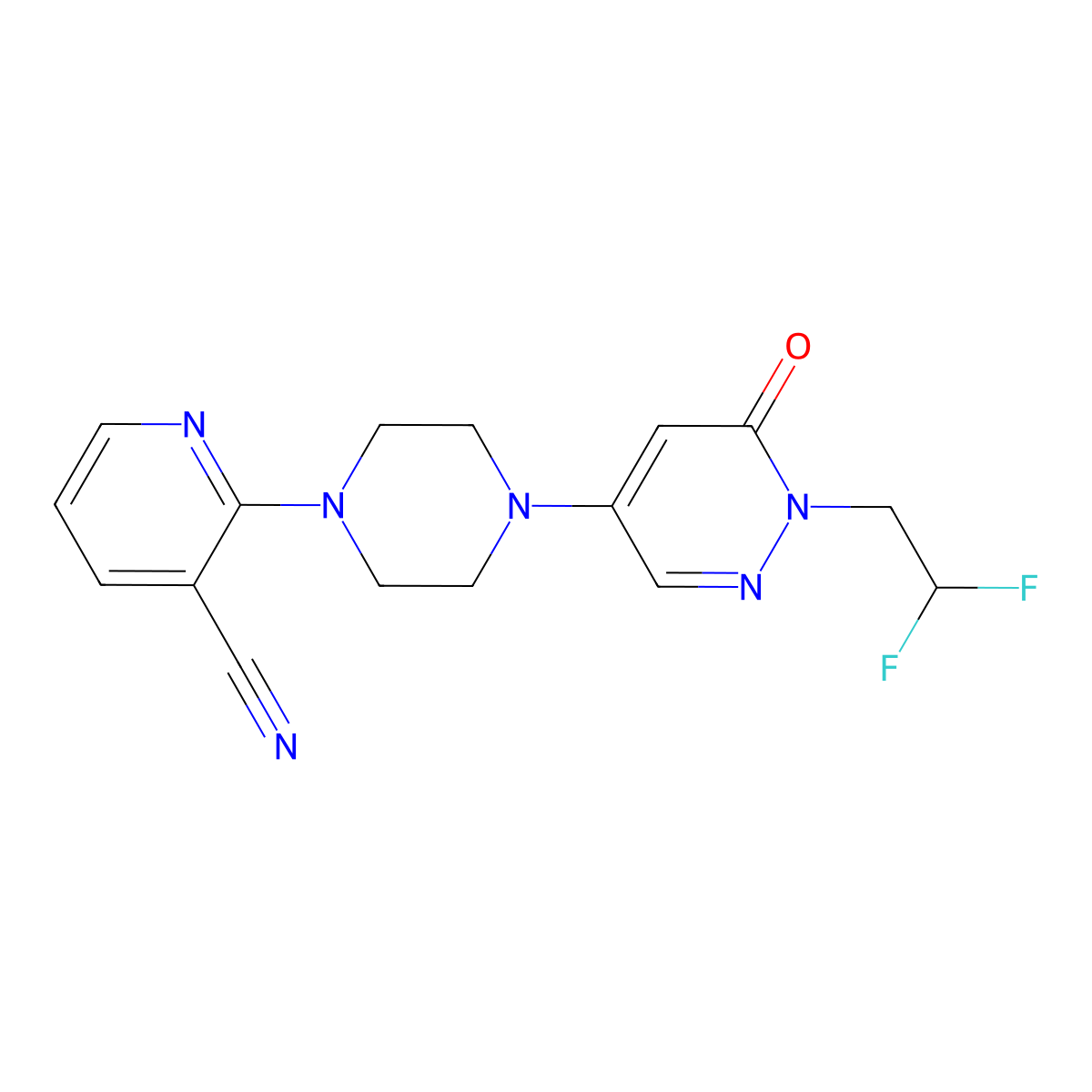 2-{4-[1-(2,2-Difluoroethyl)-6-oxo-1,6-dihydropyridazin-4-yl]piperazin-1-yl}pyridine-3-carbonitrile molecular structure, CAS 3054542-85-4