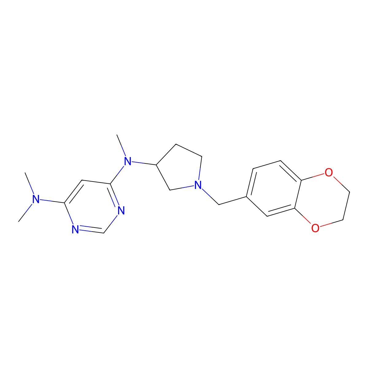 N4-{1-[(2,3-dihydro-1,4-benzodioxin-6-yl)methyl]pyrrolidin-3-yl}-N4,N6,N6-trimethylpyrimidine-4,6-diamine molecular structure, CAS 3054542-87-6