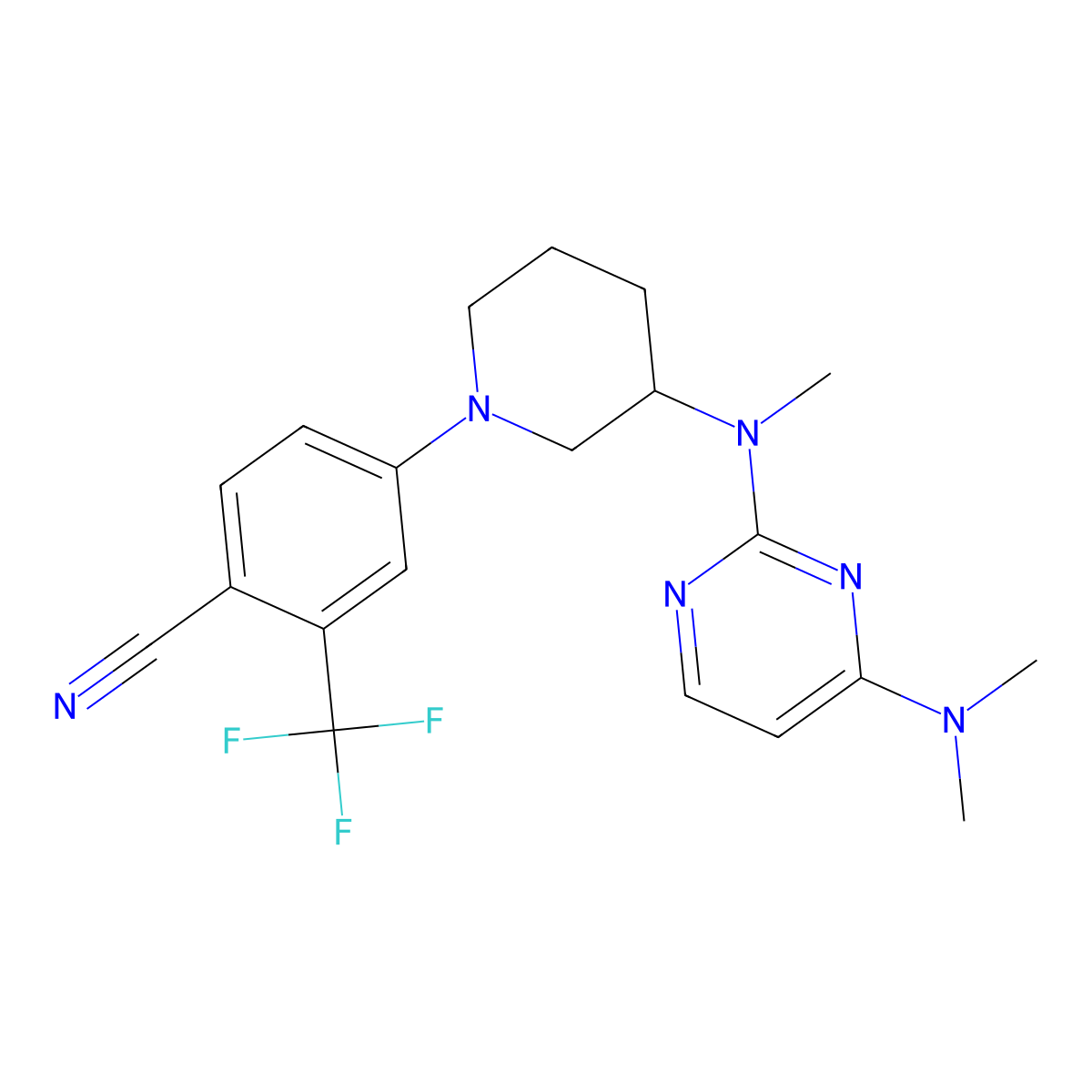 4-(3-{[4-(Dimethylamino)pyrimidin-2-yl](methyl)amino}piperidin-1-yl)-2-(trifluoromethyl)benzonitrile molecular structure, CAS 3054542-99-0