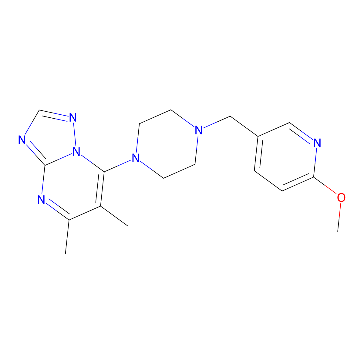 1-{5,6-Dimethyl-[1,2,4]triazolo[1,5-a]pyrimidin-7-yl}-4-[(6-methoxypyridin-3-yl)methyl]piperazine molecular structure, CAS 3054543-02-8