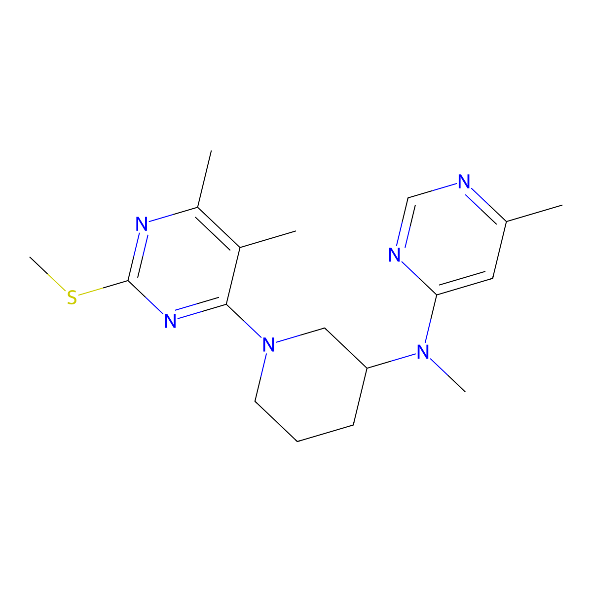 N-{1-[5,6-dimethyl-2-(methylsulfanyl)pyrimidin-4-yl]piperidin-3-yl}-N,6-dimethylpyrimidin-4-amine molecular structure, CAS 3054543-04-0