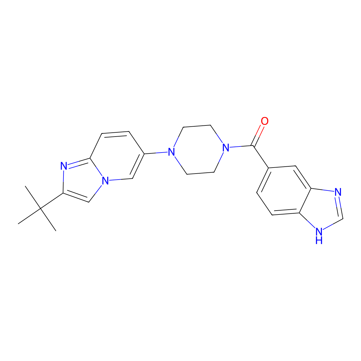 5-(4-{2-tert-butylimidazo[1,2-a]pyridin-6-yl}piperazine-1-carbonyl)-1H-1,3-benzodiazole molecular structure, CAS 3054543-06-2