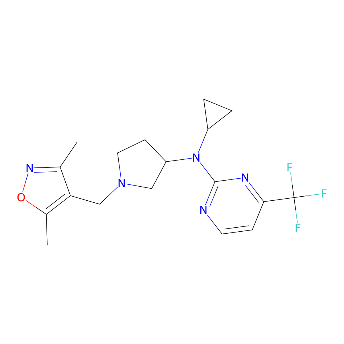 N-cyclopropyl-N-{1-[(3,5-dimethyl-1,2-oxazol-4-yl)methyl]pyrrolidin-3-yl}-4-(trifluoromethyl)pyrimidin-2-amine molecular structure, CAS 3054543-08-4