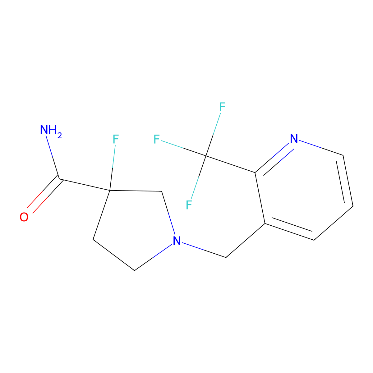 3-Fluoro-1-{[2-(trifluoromethyl)pyridin-3-yl]methyl}pyrrolidine-3-carboxamide molecular structure, CAS 3054543-11-9