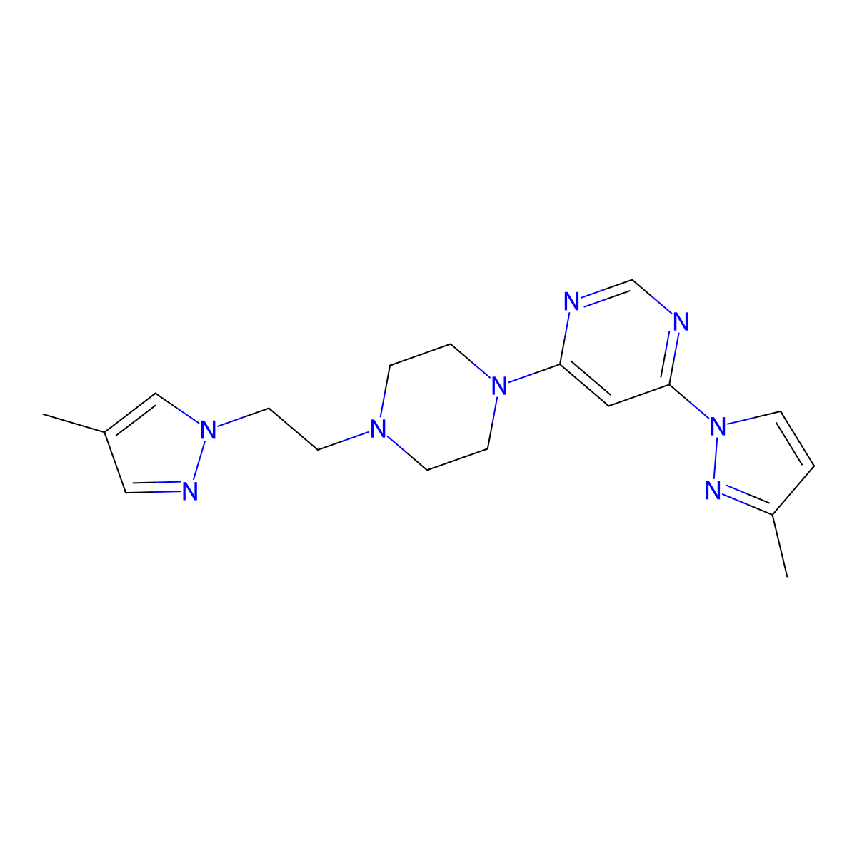 4-(3-methyl-1H-pyrazol-1-yl)-6-{4-[2-(4-methyl-1H-pyrazol-1-yl)ethyl]piperazin-1-yl}pyrimidine molecular structure, CAS 3054543-14-2