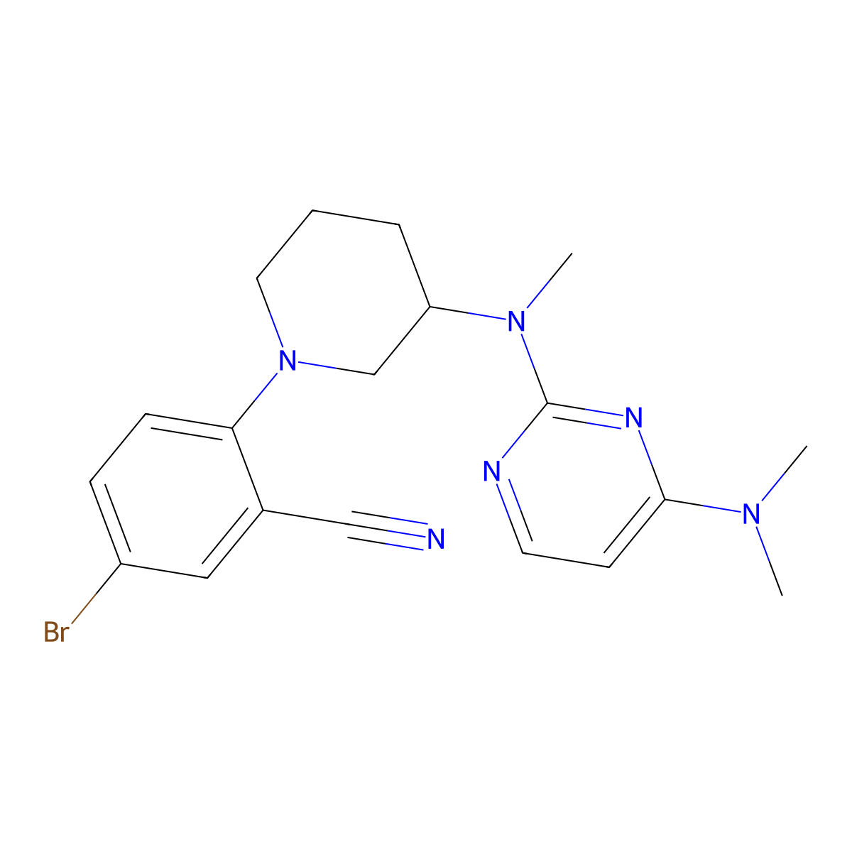 5-Bromo-2-(3-{[4-(dimethylamino)pyrimidin-2-yl](methyl)amino}piperidin-1-yl)benzonitrile molecular structure, CAS 3054543-18-6
