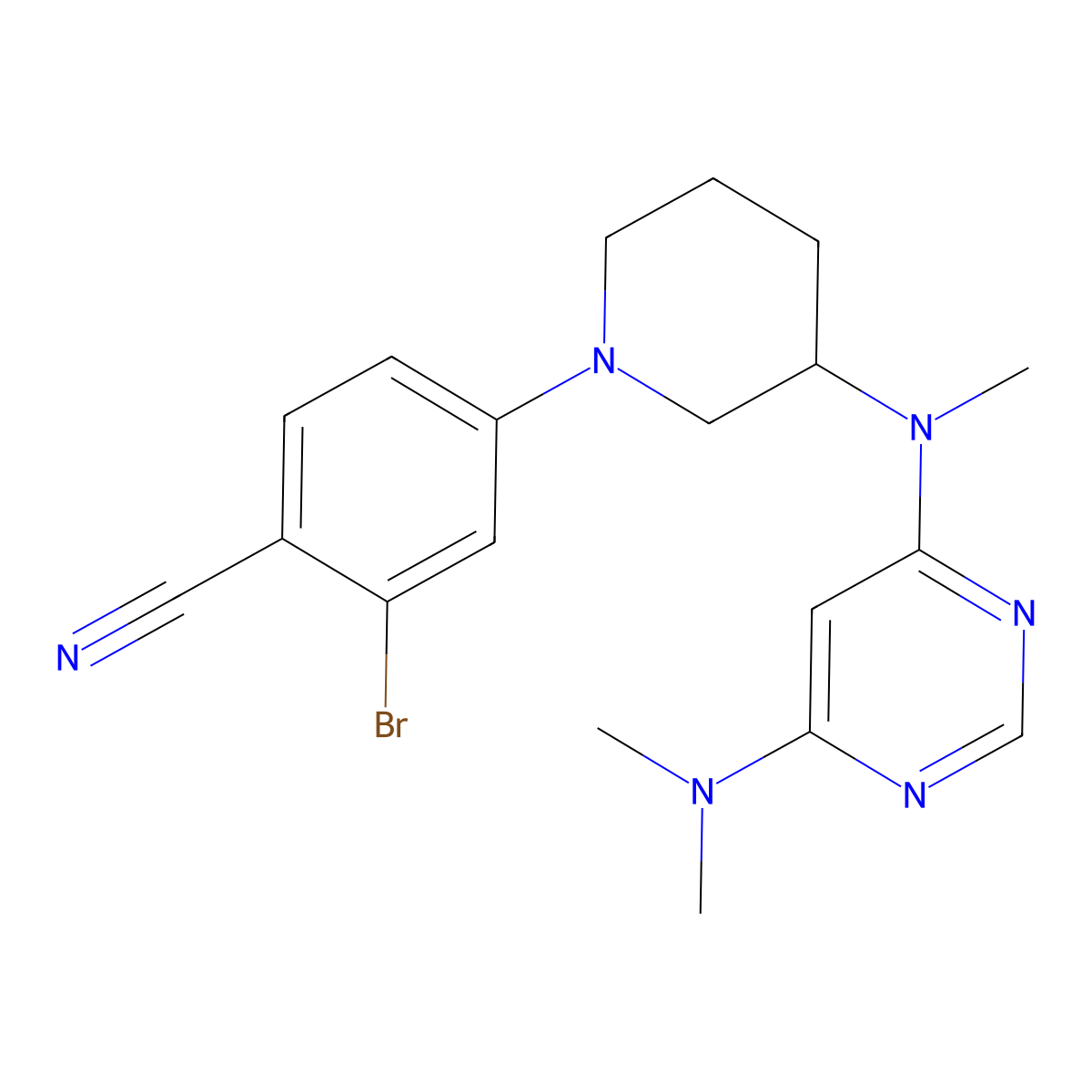 2-Bromo-4-(3-{[6-(dimethylamino)pyrimidin-4-yl](methyl)amino}piperidin-1-yl)benzonitrile molecular structure, CAS 3054543-23-3