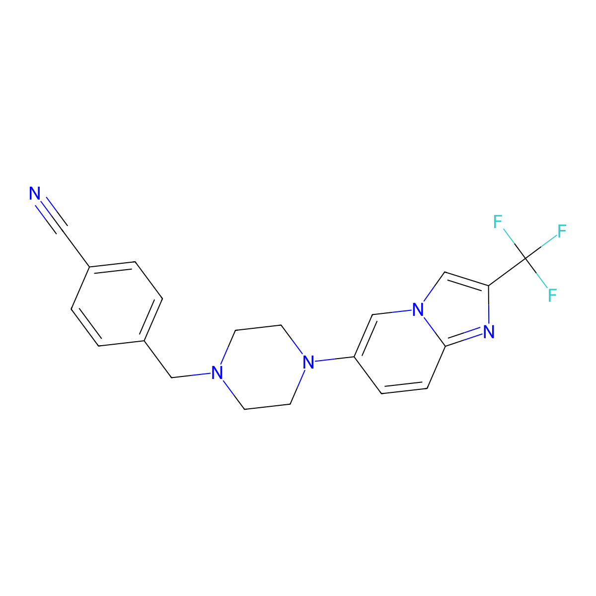 4-({4-[2-(Trifluoromethyl)imidazo[1,2-a]pyridin-6-yl]piperazin-1-yl}methyl)benzonitrile molecular structure, CAS 3054543-28-8
