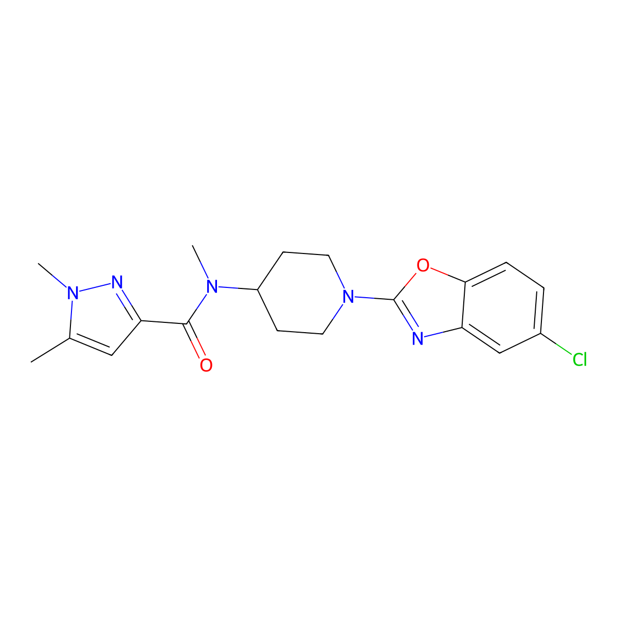 N-[1-(5-chloro-1,3-benzoxazol-2-yl)piperidin-4-yl]-N,1,5-trimethyl-1H-pyrazole-3-carboxamide molecular structure, CAS 3054543-40-4