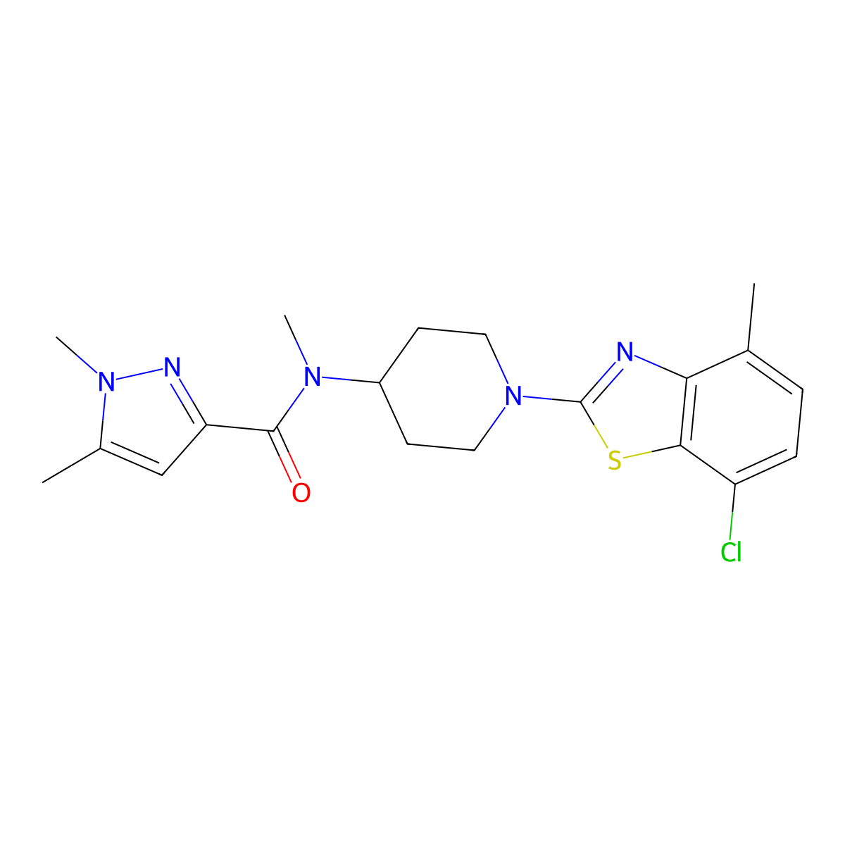 N-[1-(7-chloro-4-methyl-1,3-benzothiazol-2-yl)piperidin-4-yl]-N,1,5-trimethyl-1H-pyrazole-3-carboxamide molecular structure, CAS 3054543-44-8