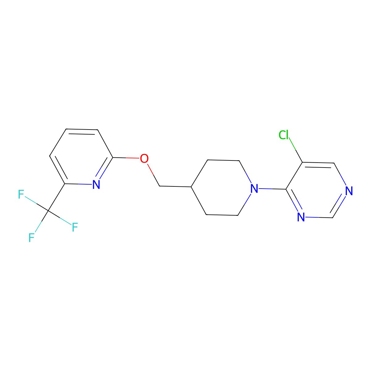 5-Chloro-4-[4-({[6-(trifluoromethyl)pyridin-2-yl]oxy}methyl)piperidin-1-yl]pyrimidine molecular structure, CAS 3054543-59-5