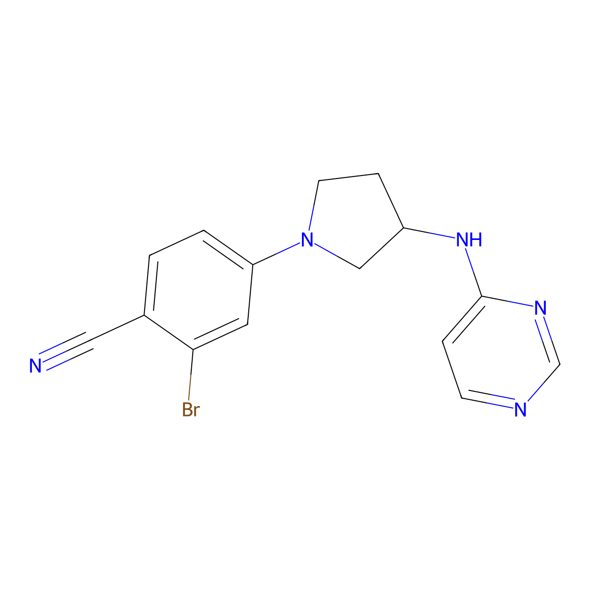 2-Bromo-4-{3-[(pyrimidin-4-yl)amino]pyrrolidin-1-yl}benzonitrile molecular structure, CAS 3054543-68-6