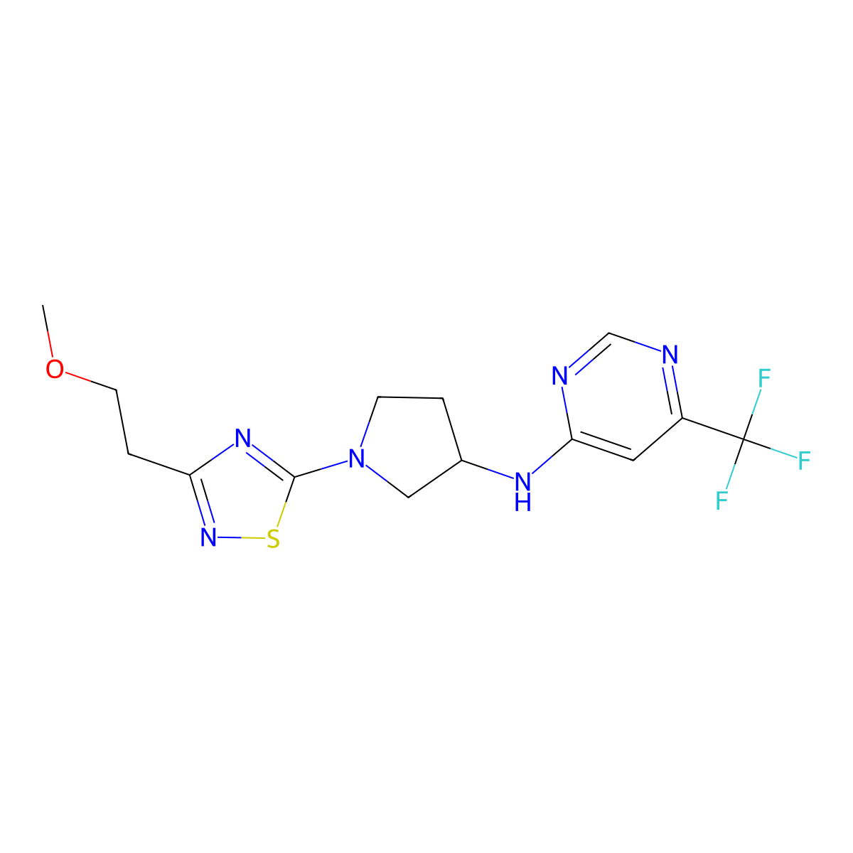 N-{1-[3-(2-methoxyethyl)-1,2,4-thiadiazol-5-yl]pyrrolidin-3-yl}-6-(trifluoromethyl)pyrimidin-4-amine molecular structure, CAS 3054543-88-0