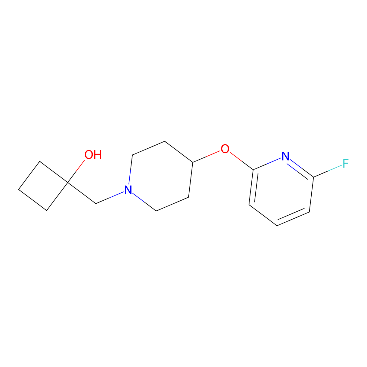 1-({4-[(6-Fluoropyridin-2-yl)oxy]piperidin-1-yl}methyl)cyclobutan-1-ol molecular structure, CAS 3054543-92-6
