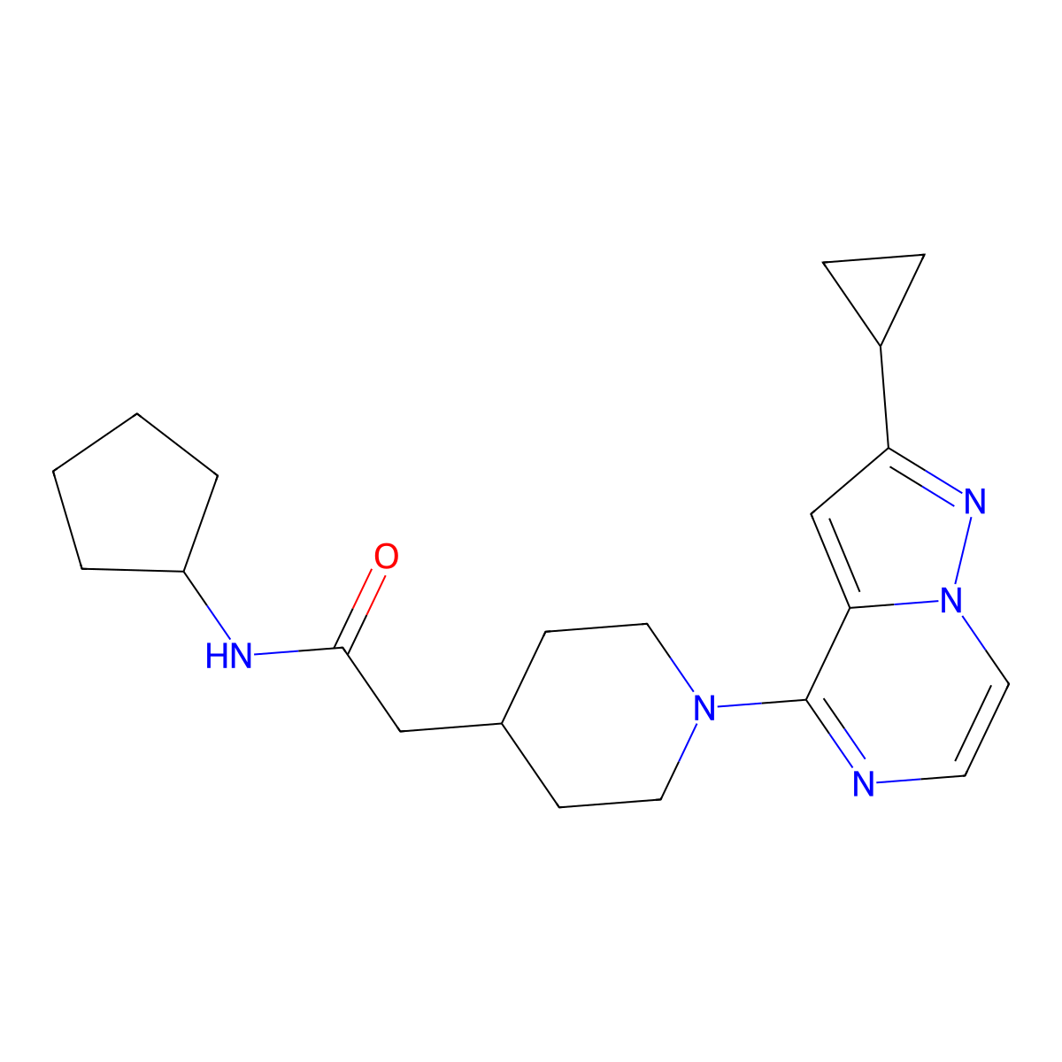 N-cyclopentyl-2-(1-{2-cyclopropylpyrazolo[1,5-a]pyrazin-4-yl}piperidin-4-yl)acetamide molecular structure, CAS 3054543-93-7