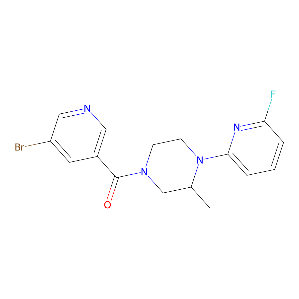 4-(5-Bromopyridine-3-carbonyl)-1-(6-fluoropyridin-2-yl)-2-methylpiperazine molecular structure, CAS 3054544-07-6