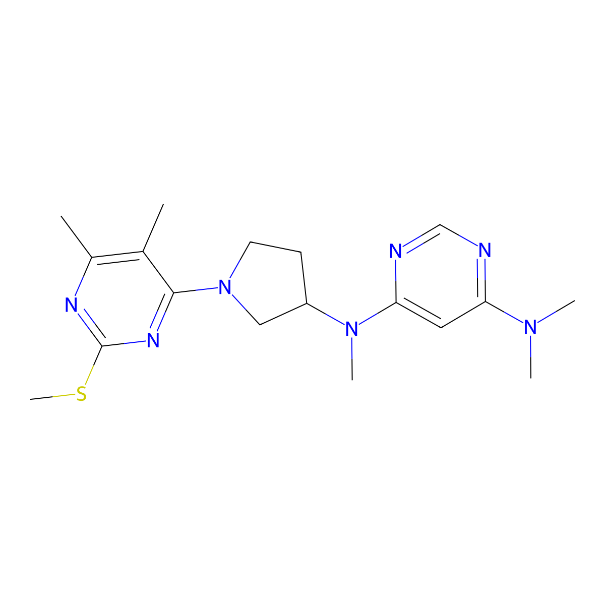 N4-{1-[5,6-dimethyl-2-(methylsulfanyl)pyrimidin-4-yl]pyrrolidin-3-yl}-N4,N6,N6-trimethylpyrimidine-4,6-diamine molecular structure, CAS 3054544-17-8