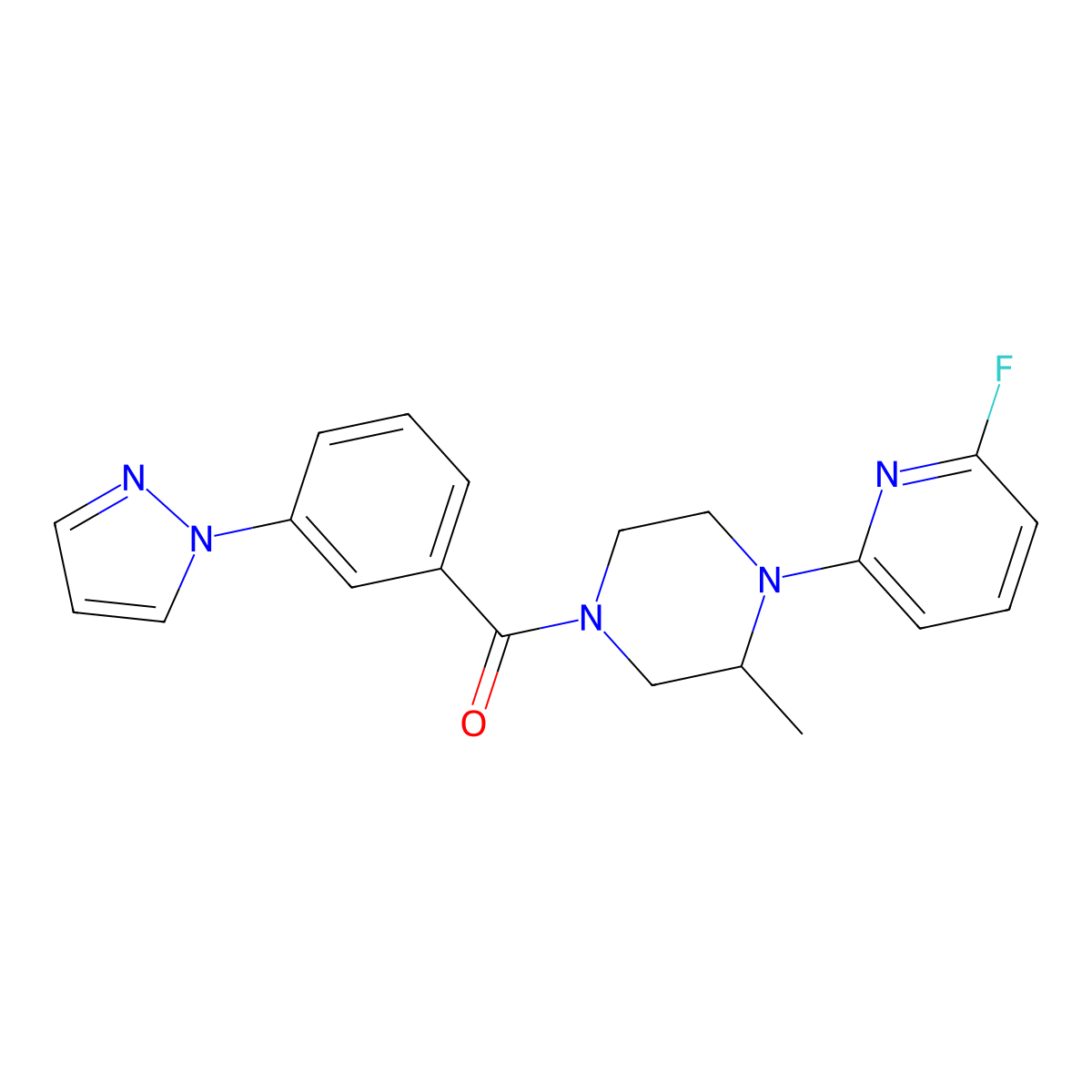 1-(6-fluoropyridin-2-yl)-2-methyl-4-[3-(1H-pyrazol-1-yl)benzoyl]piperazine molecular structure, CAS 3054544-19-0