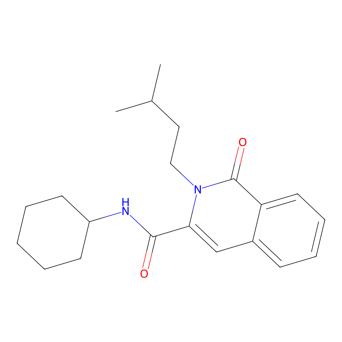 N-cyclohexyl-2-(3-methylbutyl)-1-oxo-1,2-dihydroisoquinoline-3-carboxamide molecular structure, CAS 3054544-23-6