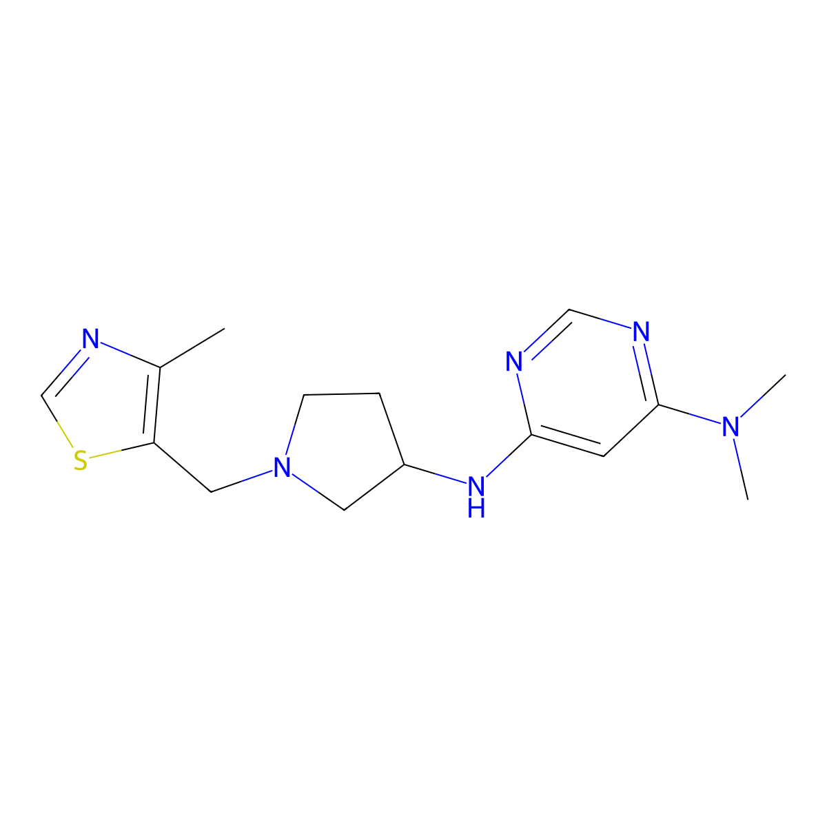 N4,N4-dimethyl-N6-{1-[(4-methyl-1,3-thiazol-5-yl)methyl]pyrrolidin-3-yl}pyrimidine-4,6-diamine molecular structure, CAS 3054544-30-5
