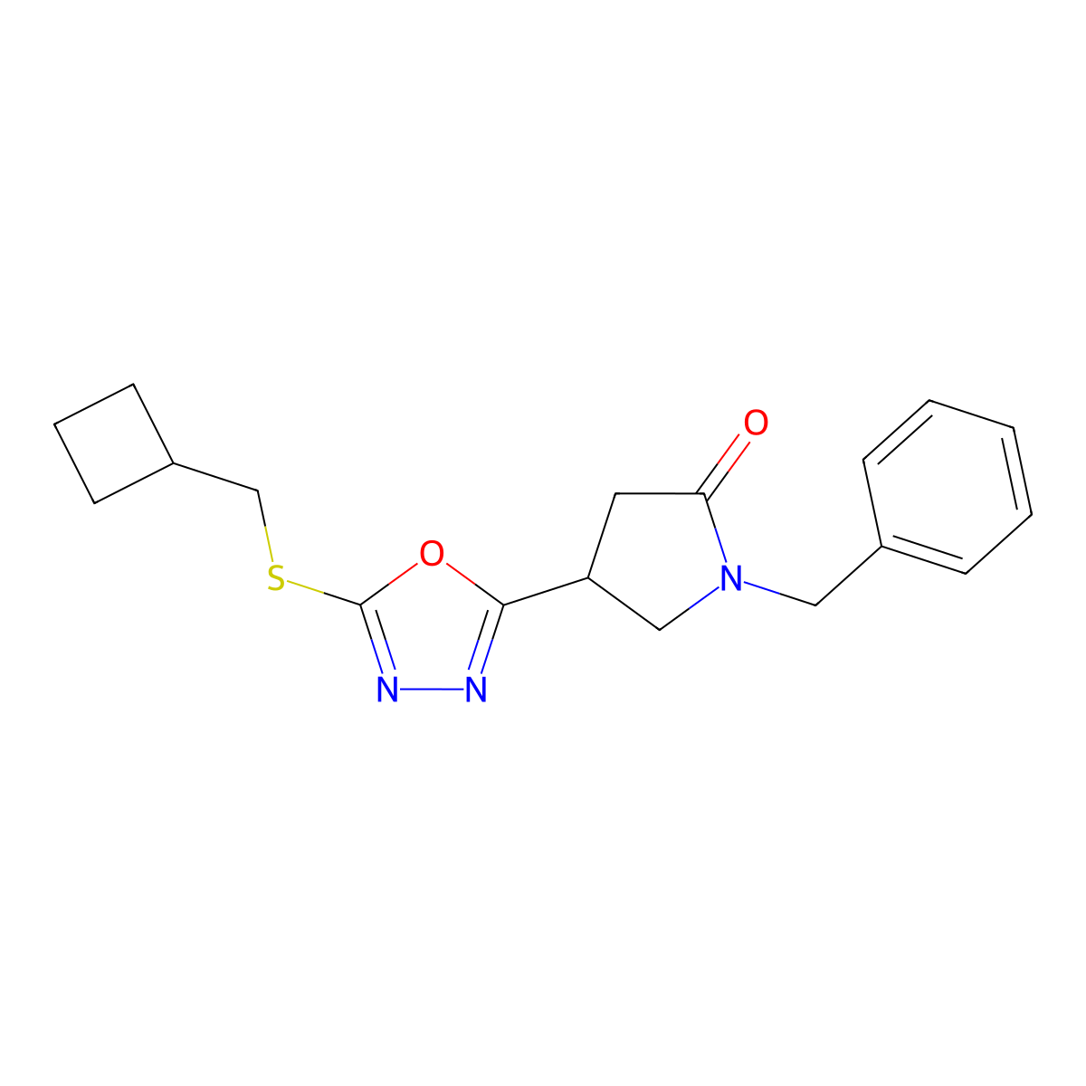 1-Benzyl-4-{5-[(cyclobutylmethyl)sulfanyl]-1,3,4-oxadiazol-2-yl}pyrrolidin-2-one molecular structure, CAS 3054544-52-1