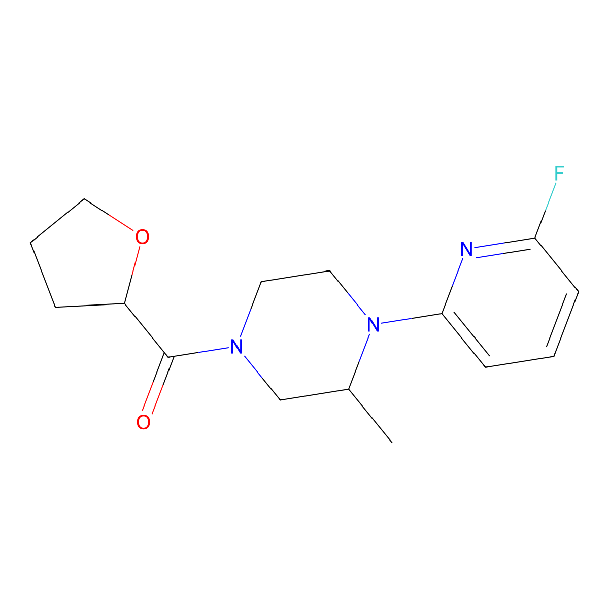 1-(6-Fluoropyridin-2-yl)-2-methyl-4-(oxolane-2-carbonyl)piperazine molecular structure, CAS 3054544-54-3