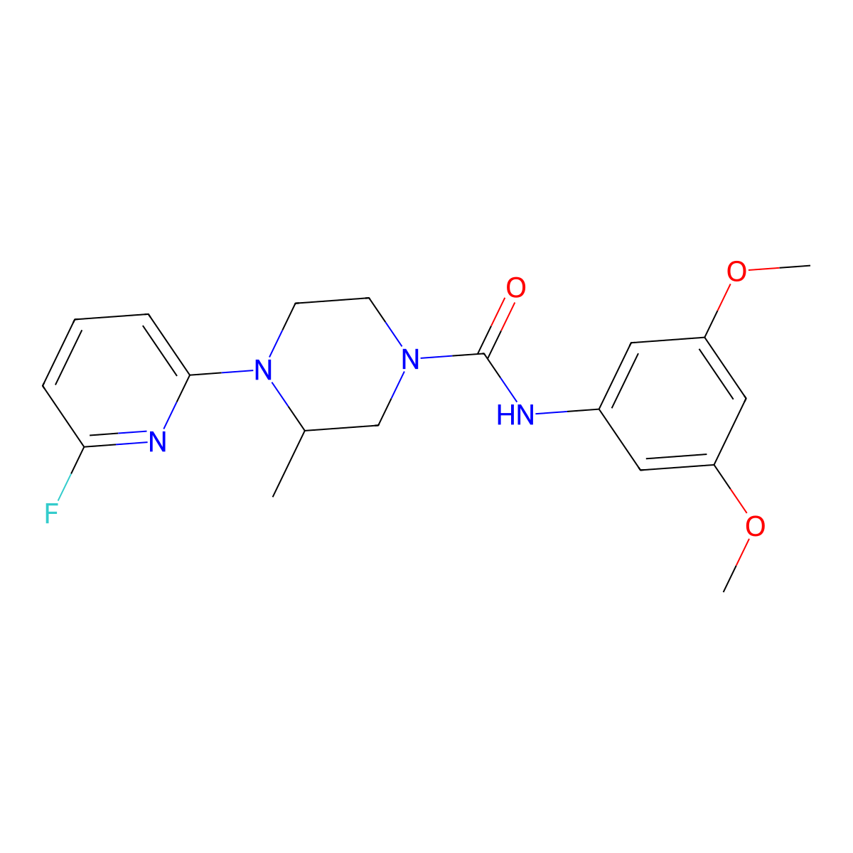 N-(3,5-dimethoxyphenyl)-4-(6-fluoropyridin-2-yl)-3-methylpiperazine-1-carboxamide molecular structure, CAS 3054544-56-5