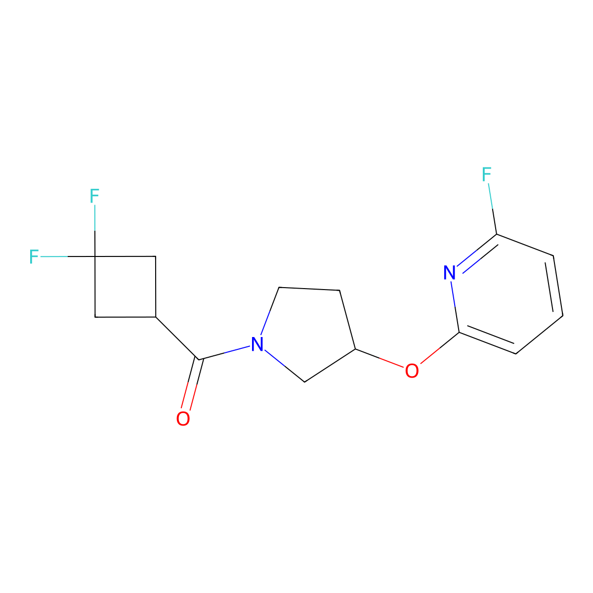 2-{[1-(3,3-Difluorocyclobutanecarbonyl)pyrrolidin-3-yl]oxy}-6-fluoropyridine molecular structure, CAS 3054544-57-6