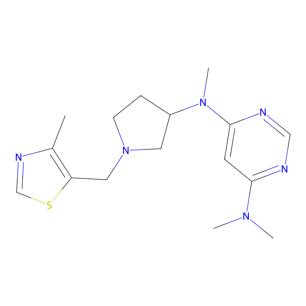N4,N4,N6-trimethyl-N6-{1-[(4-methyl-1,3-thiazol-5-yl)methyl]pyrrolidin-3-yl}pyrimidine-4,6-diamine molecular structure, CAS 3054544-59-8
