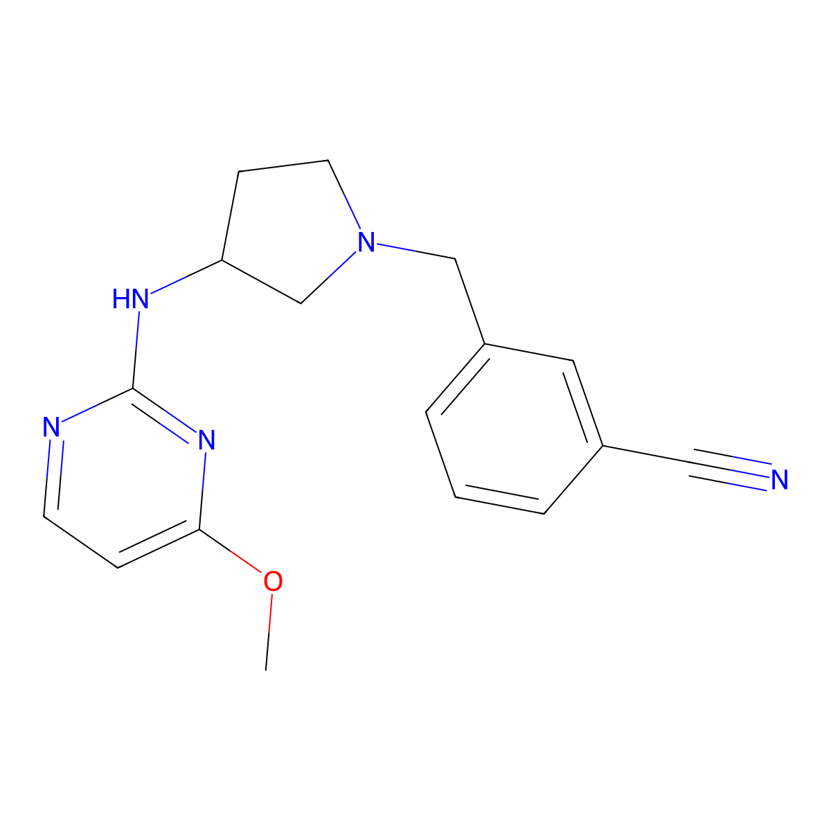 3-({3-[(4-Methoxypyrimidin-2-yl)amino]pyrrolidin-1-yl}methyl)benzonitrile molecular structure, CAS 3054544-63-4