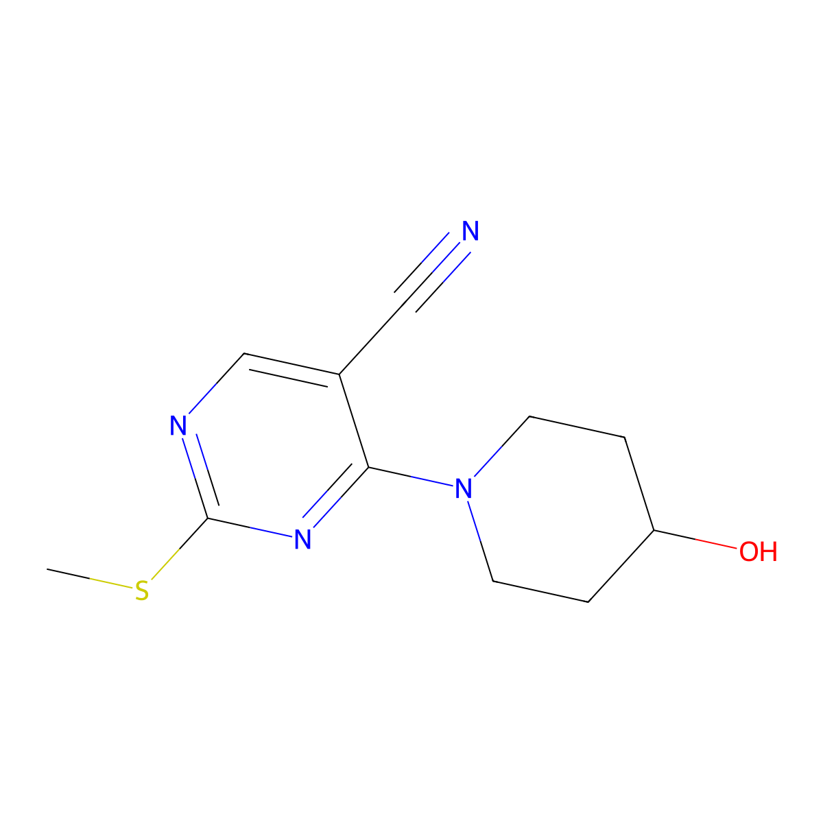 4-(4-Hydroxypiperidin-1-yl)-2-(methylsulfanyl)pyrimidine-5-carbonitrile molecular structure, CAS 3054544-68-9