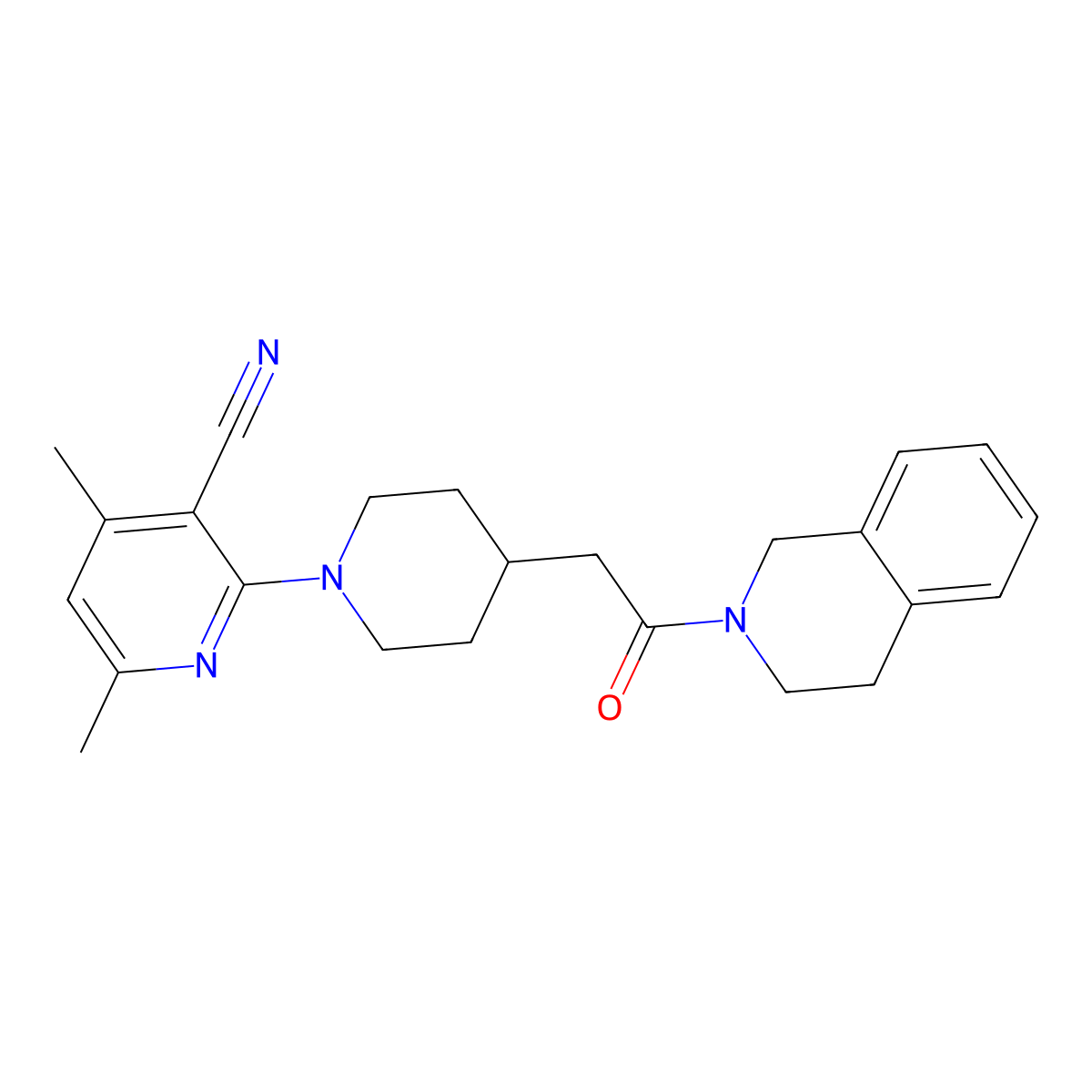 4,6-Dimethyl-2-{4-[2-oxo-2-(1,2,3,4-tetrahydroisoquinolin-2-yl)ethyl]piperidin-1-yl}pyridine-3-carbonitrile molecular structure, CAS 3054544-76-9