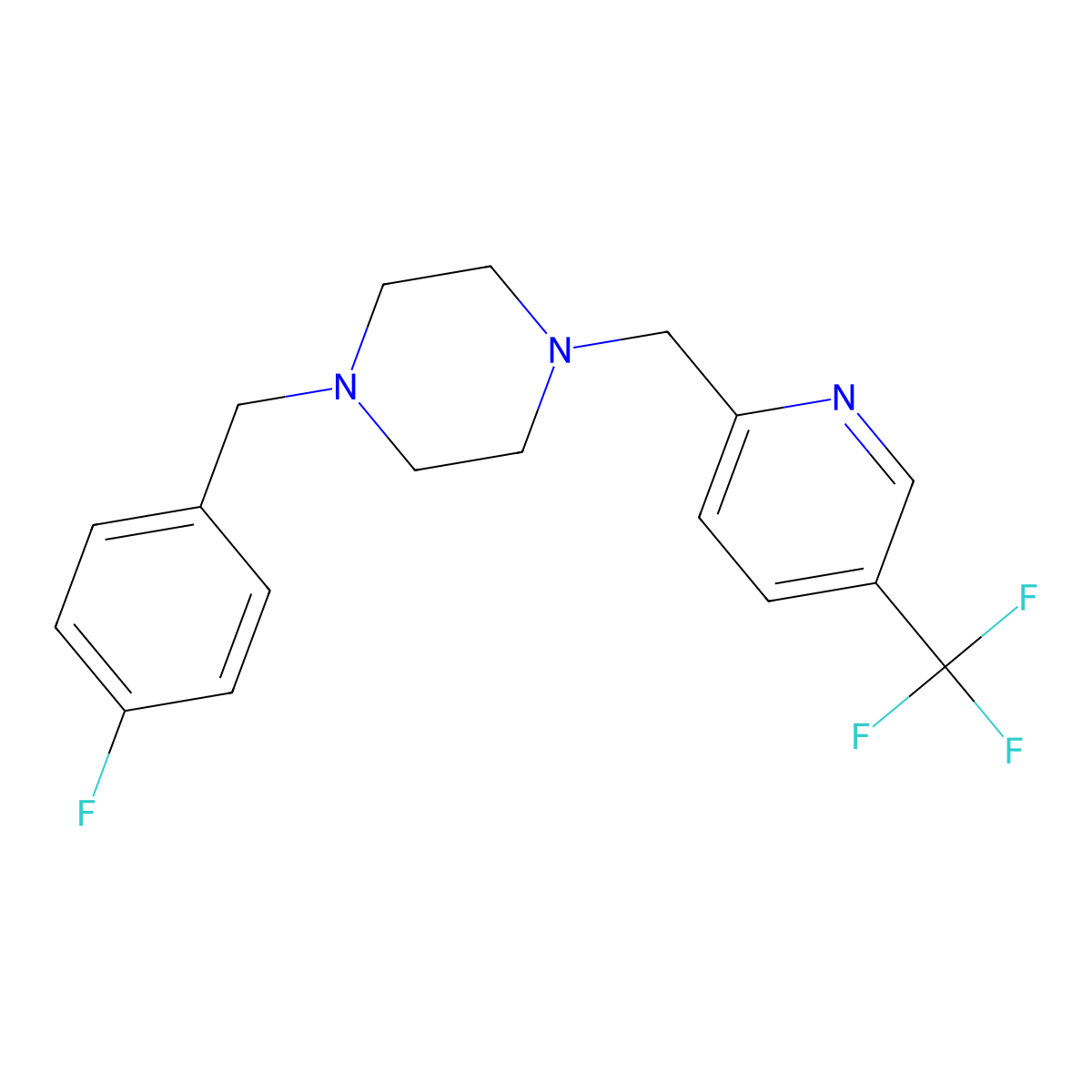 1-[(4-Fluorophenyl)methyl]-4-{[5-(trifluoromethyl)pyridin-2-yl]methyl}piperazine molecular structure, CAS 3054544-85-0