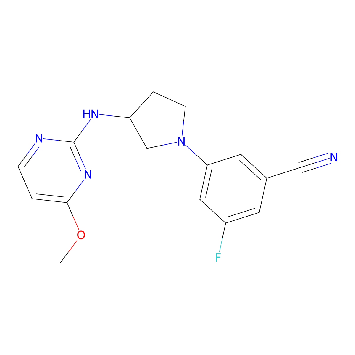 3-Fluoro-5-[3-[(4-methoxypyrimidin-2-yl)amino]pyrrolidin-1-yl]benzonitrile molecular structure, CAS 3054544-98-5